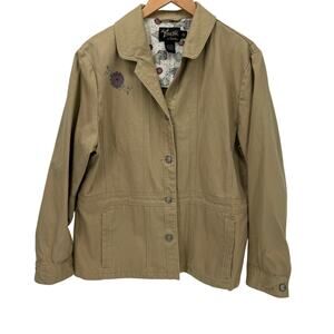 Dick Idol Jacket Womens XL Tan Embroidered Floral Field Button Up + Pockets‎